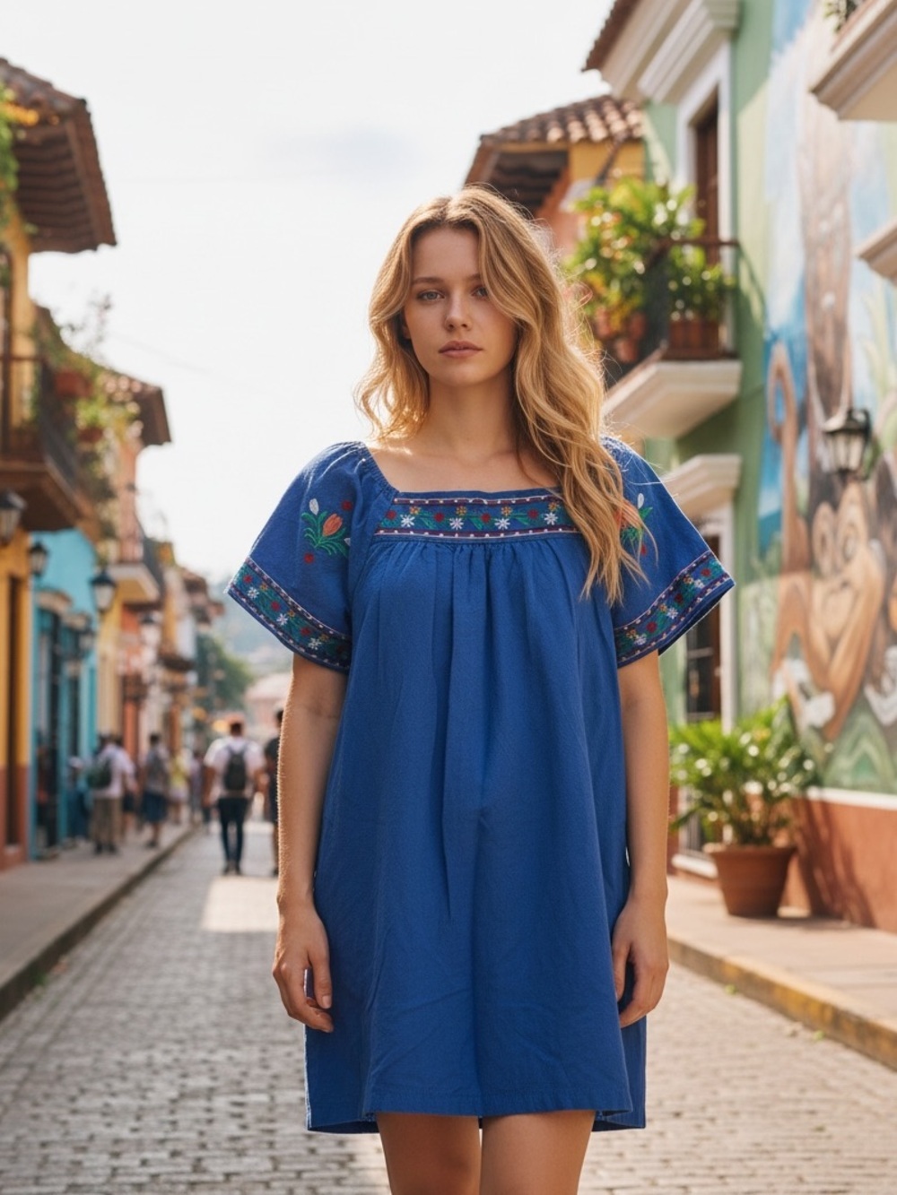 Blue Embroidered Square-Neck Mini Dress s
